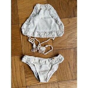 She Made Me Bikini Crochet Halter Bikini Set, Sz S/M, Natural